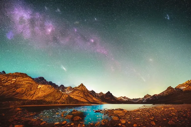 Image similar to beautiful nighttime landscape photography of the Rocky Mountains with a crystal blue lake, hyper detailed andromeda galaxy sky, serene, dramatic lighting, hyperrealist reflections on the water surface, wide angle lens