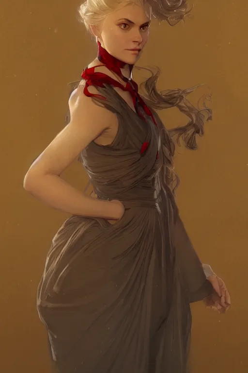 Image similar to a girl wearing a golden dress, grey hair, red necktie, cinematic, stunning, highly detailed, digital painting, artstation, smooth, hard focus, full body shot, illustration, art by artgerm and greg rutkowski and alphonse mucha