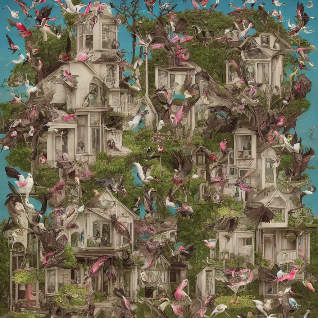 Image similar to anamorphic birds walking past a house, lowbrow surrealistic, in the style of Mark Ryden,