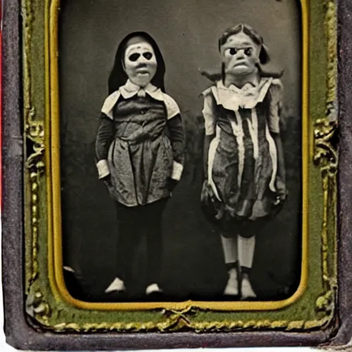 Prompt: kids in creepy macabre halloween costumes daguerreotype