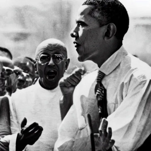 Image similar to Barack Obama having a rap battle against Ghandi, historical photo, 1962