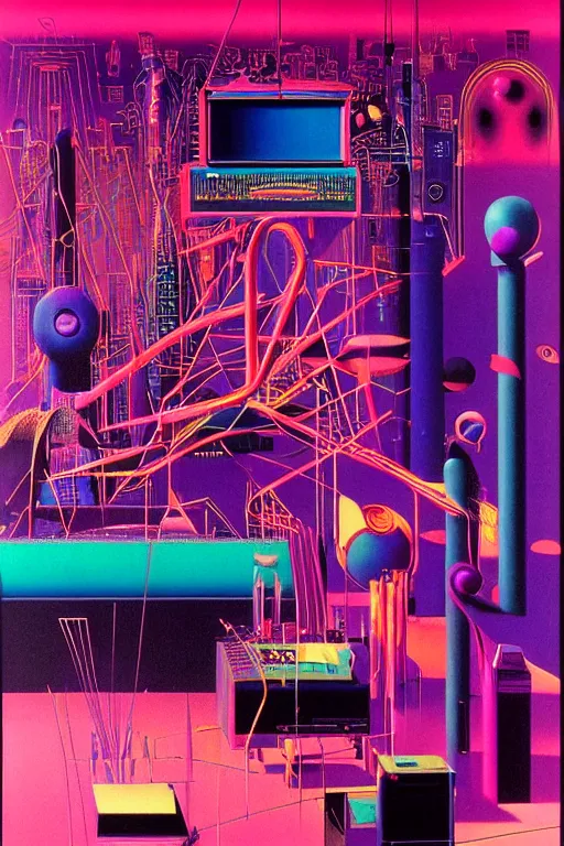 Image similar to 8 0 s art deco synthesizers, speakers, computers, cinematic dramatic cyberpunk textural fluid lines purple, pink, blue, green. otherworldly vaporwave interesting details fantasy lut epic composition by basquiat zdzisław beksinski james jean artgerm rutkowski moebius francis bacon gustav klimt