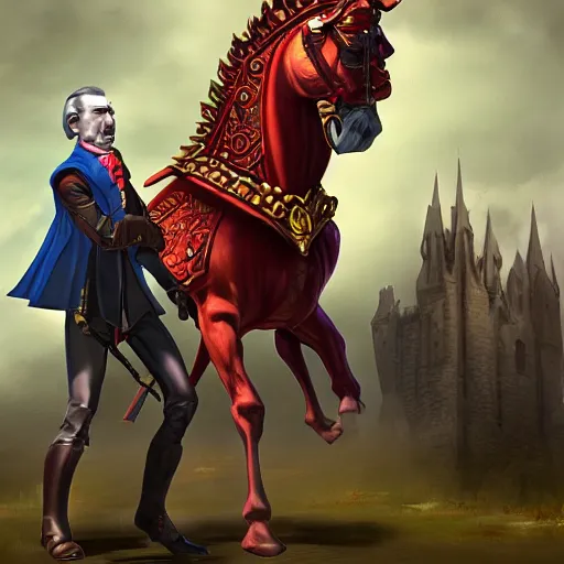 Image similar to Strahd Van Zarovich standing beside flamming horse, digital art