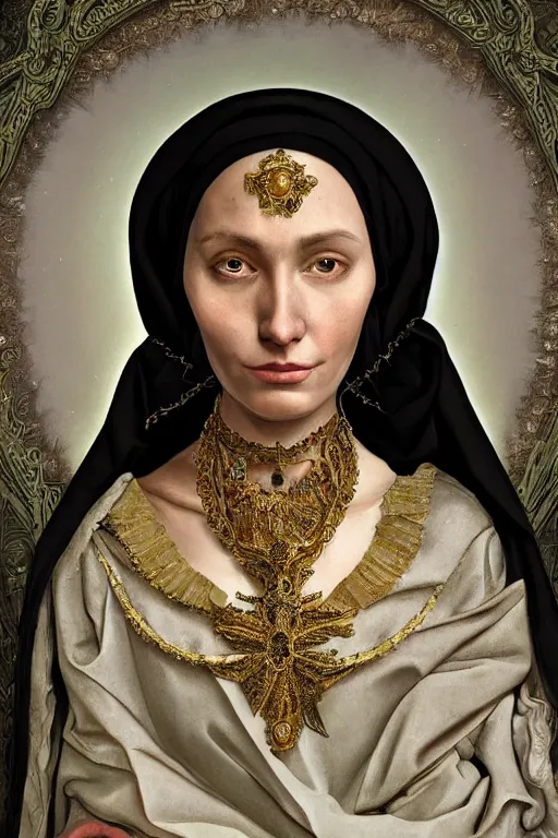 Image similar to portrait, headshot, digital painting, of Mother Ayahuascaa as a 17th century, beautiful female Royal, dark hair, amber jewels, baroque, ornate clothing, scifi, futuristic, realistic, hyperdetailed, chiaroscuro, concept art, art by caravaggio