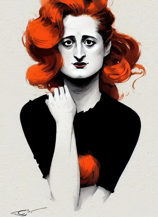 Image similar to highly detailed closeup portrait of beautiful grace gummer as dom dipierro, wavy ginger hair, black dress, by atey ghailan, by greg rutkowski, by greg tocchini, by james gilleard, by joe fenton, by kaethe butcher, gradient orange, black and white color scheme, grunge aesthetic!!! ( ( graffiti tag wall background ) )