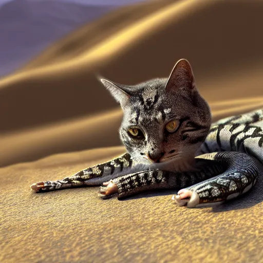 Image similar to a snake cat in the desert wild nature HD photo superrealism 3d 8k resolution