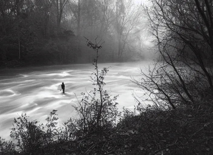 Image similar to photo of a ghostly figure floating over a river, cinematic, blair witch project, real