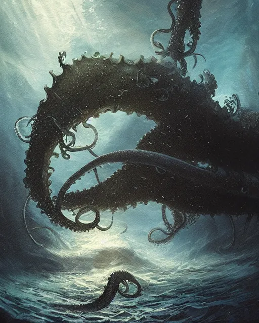 Prompt: A matted painting of a sea monster with many tentacles, on an underwater environment with expansive views of space, dark and moody, inspired by greg rutkowski and Keith Mallett, digital art, extremely moody lighting, glowing light and shadow, atmospheric, shadowy, cinematic