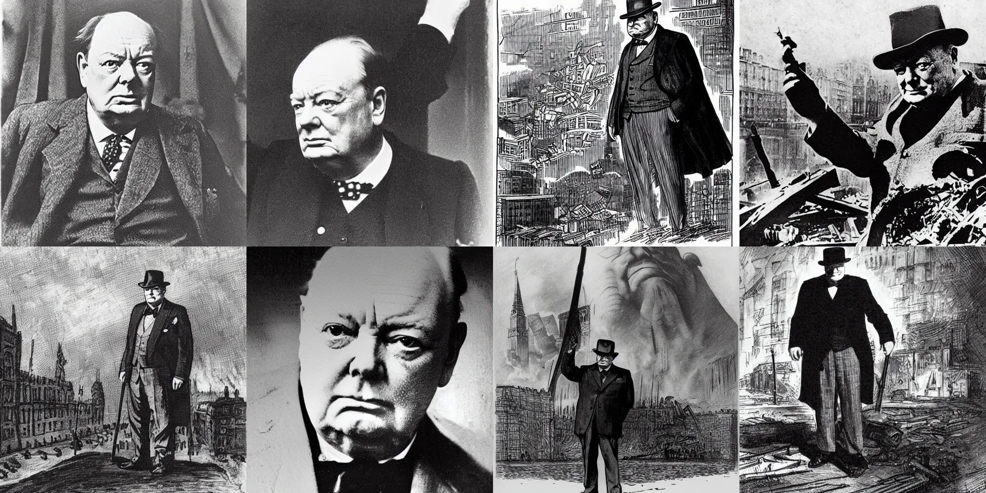 Prompt: winston churchill as a giant destroying a city