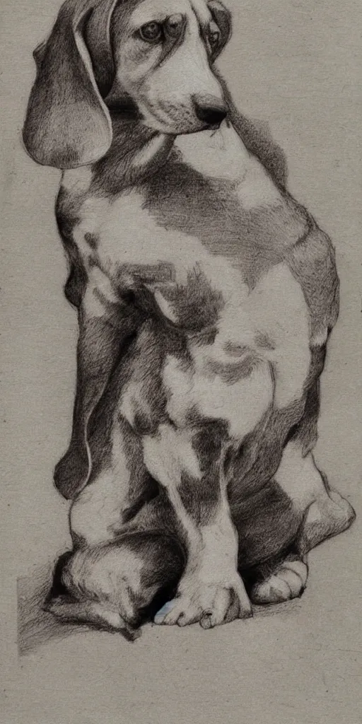 Image similar to sitting beagle, artist sketch, michelangelo, beautiful composition, masterpiece