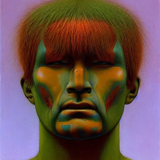 Image similar to symmetric portrait of indigenous warrior, turquoise and orange hair. realistic. high detail.by zdzisław beksiński