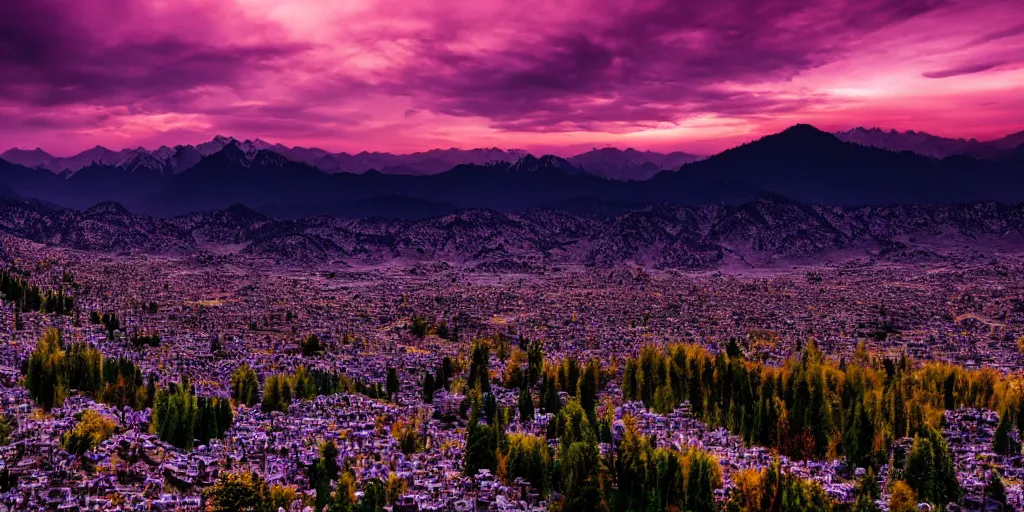 Prompt: 4k portrait of Kashmir with purple sunset and dark themes