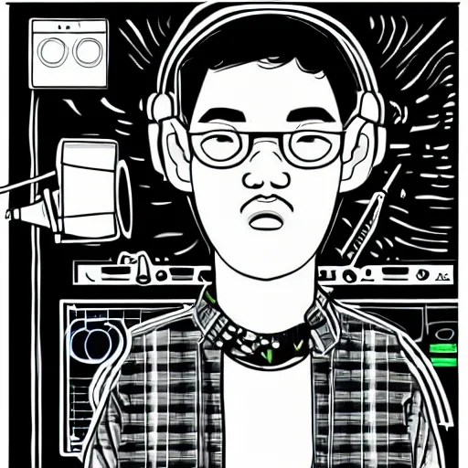 Prompt: an illustration that looks very similar to ethnic lo - fi hip - hop guy in recording studio