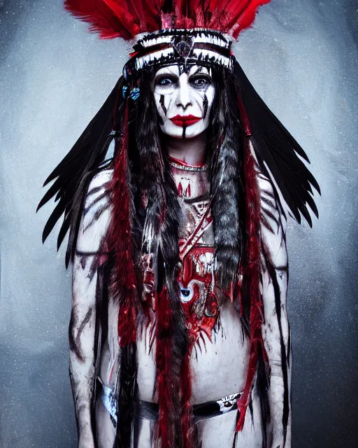 Prompt: lady native sisters ghost - spirit of the grim - warpaint wears the scarlet skull armor and native blood headdress feathers, midnight fog - mist!, dark oil painting colors, realism, cinematic lighting, various refining methods, micro macro autofocus, ultra definition, award winning photo, photograph by ghostwave - gammell - giger - shadowlord