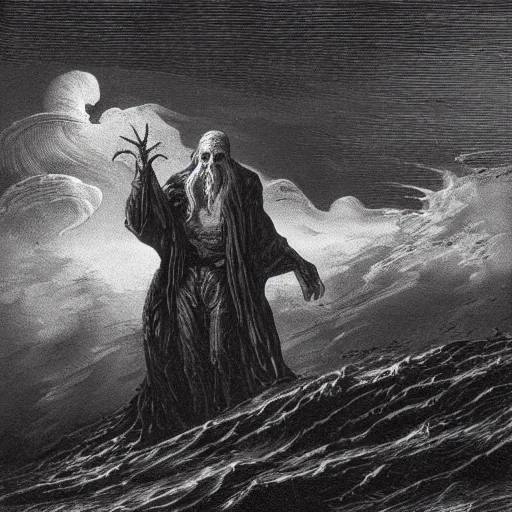 Prompt: a traditional portait of cthulhu, small town, night, soaring waves, clouds, illustration by Gustave Doré