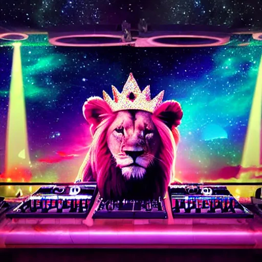 Image similar to Lion with crown in DJ booth in space, synthwave