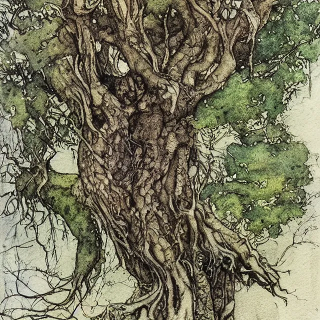 Image similar to a detailed, intricate watercolor and ink portrait illustration with fine lines, of a mossy oak tree, by arthur rackham and edmund dulac and ted nutall