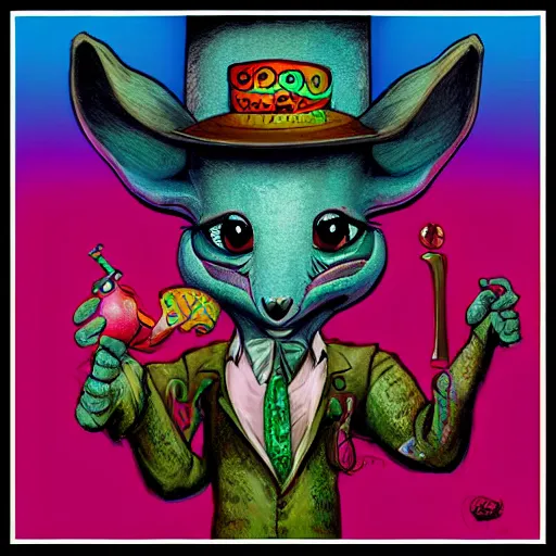 Image similar to a dik dik monster with tattoos wearing a fedora, colorful, digital art, fantasy, magic, trending on artstation, ultra detailed, professional illustration by basil gogos