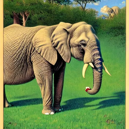 Image similar to Portrait of an elephant on a green meadow, style Carl Barks