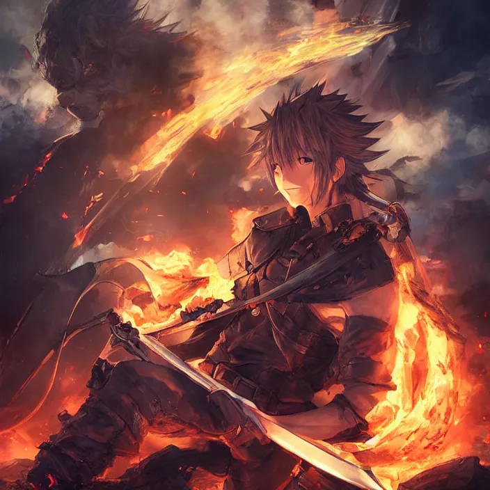 Prompt: anime portrait of sword wielding male protagonist in a final fantasy game, surrounded by rubble and debris, smoke and flames, atmospheric realistic lighting, extremely detailed, trending on deviantart, art by akihiko yoshida, rossdraws.
