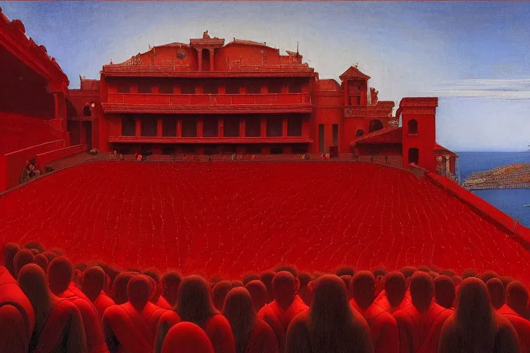 Image similar to only with red, a red great emperor, taormina amphitheatre, crowd with big smile, in the style of beksinski, parts by edward hopper, parts by rodcenko, parts by yue minjun, intricate and epic composition, red by caravaggio, insanely quality, highly detailed, masterpiece, red light, artstation, 4 k