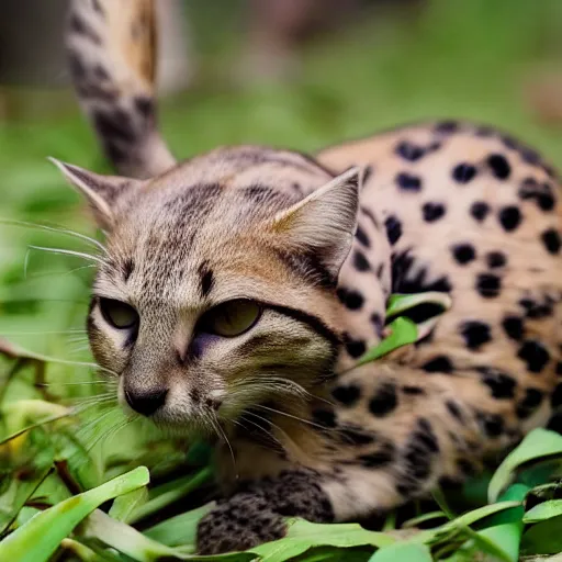 Image similar to a small domestic housecat with a spotted mushroom growing atop its head