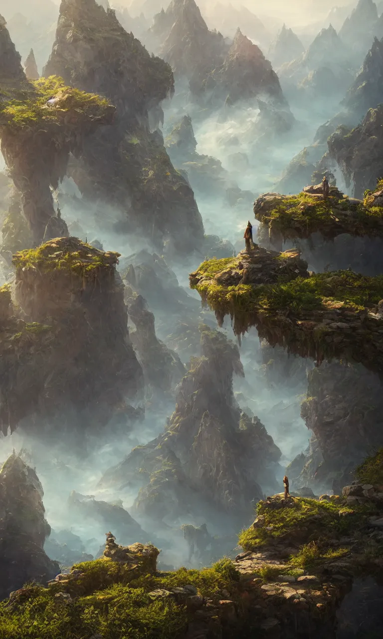 Image similar to an oil art view from a cliff looking out to a fantasy mountain landscape, 4 k, ultra detail, volumetric lighting, unreal engine, octane render, tom bagshaw, andreas rocha