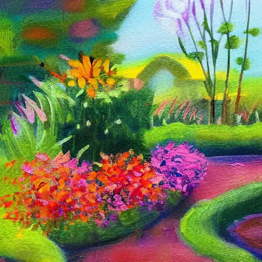 Image similar to A soft painting of a warm garden