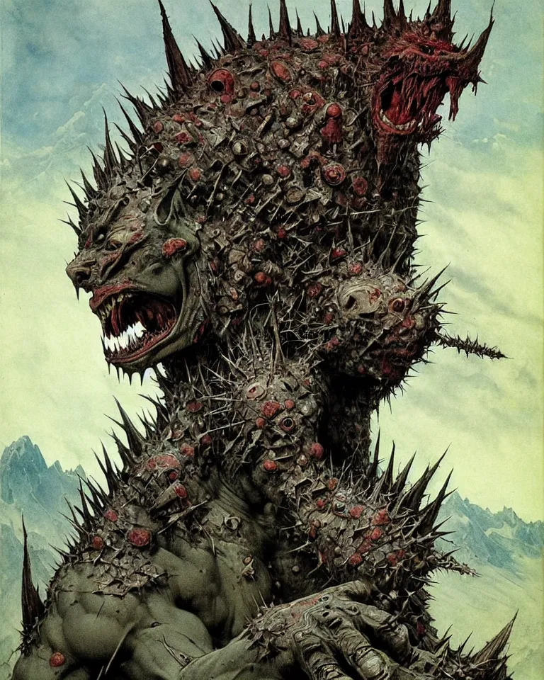 Image similar to A powerful, large fanged orc with pale skin covered in scars stands near the mountains, wearing spiky, complex, detailed armor without a helmet. Extremely high detail, realistic, fantasy art, scars, solo, masterpiece, saturated colors, art by Zdzisław Beksiński, Arthur Rackham