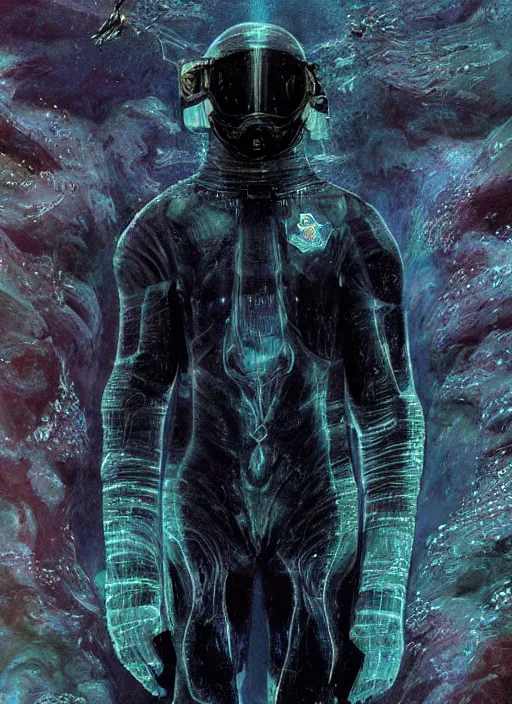 Image similar to astronaut in dark void underwater - complex and hyperdetailed technical suit design. reflection and dispersion materials. rays and dispersion of light. volumetric light. f / 3 2. noise film photo. flash photography. ultra realistic, 5 0 mm. poster by wayne barlowe, hajime sorayama aaron horkey, craig mullins