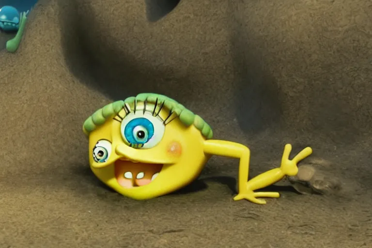 Prompt: Spongebob caterpillar, photorealistic still from Alien Planet(2005), artstation