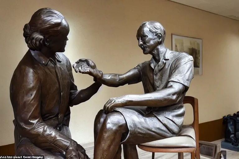 Image similar to a man who is sitting upright in a chair is touching a completed statue