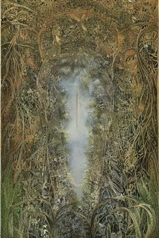 Image similar to a gorgeous painting by Viktor Hartmann of a great palace in the style of zaha hadit made from porcellain, beautiful natural soft rim light, roots, fine foliage lace, ernst haeckel, parametric architecture, parametric design, bioart, futuristic, adorned with all kind of plants, utopian, chitin, visceral, art nouveau , intricate details, satin silver beautiful gold metal details, mesh wire, neri oxman, cable wires, elegant, hyper realistic, quantum computer, ultra detailed, octane render, silicon and carbon, volumetric lighting, 8k post-production, hr giger style