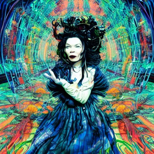 Image similar to portrait of crazy beautiful singer bjork, ymmetrical, by yoichi hatakenaka, masamune shirow, josan gonzales and dan mumford, ayami kojima, takato yamamoto, barclay shaw, karol bak, yukito kishiro