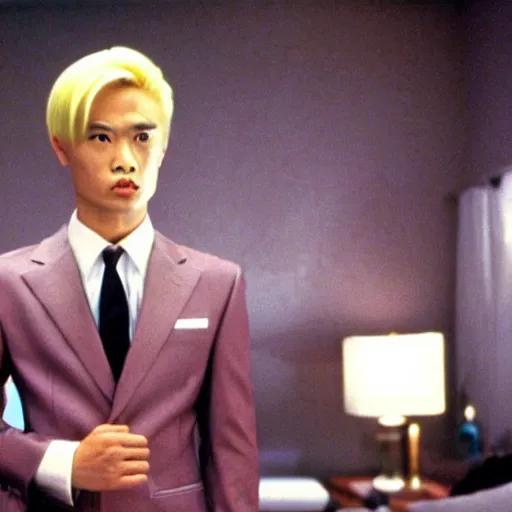 Image similar to a film still of a asian man with blonde hair wearing a purple suit in American Psycho(2000)