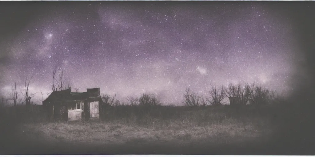 Image similar to polaroid photo of an abandoned house on a wasteland, deep purple starry sky, slight color bleed, grain