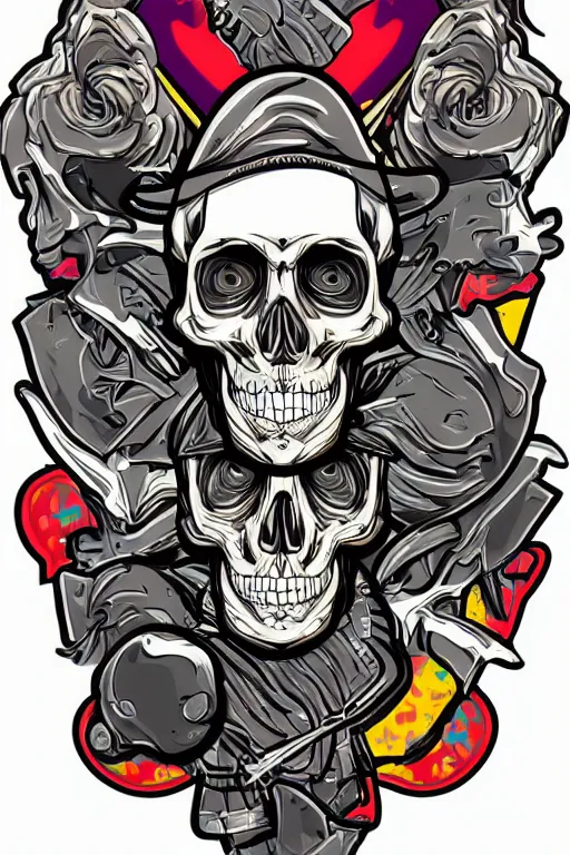 Prompt: A portrait of a skeleton that is a gangster, sticker, colorful, illustration, highly detailed, smooth and clean vector curves, no jagged lines, vector art, smooth