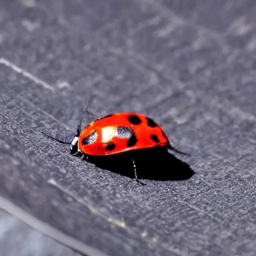 Prompt: macro lens photo of a lady bug on a newspaper