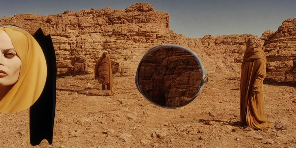 Image similar to levitating bene gesserit with full - face golden mask in a dry rocky desert landscape, visible sky and sunny atmosphere, fata morgana and giant mirrors by alejandro jodorowsky, anamorphic lens, kodakchrome, practical effects, masterpiece, 8 k