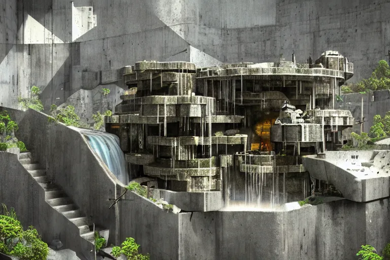 Image similar to favela bunker spaceship disco hive, brutalist waterfall environment, industrial factory, whimsical, award winning art, epic dreamlike fantasy landscape, ultra realistic,