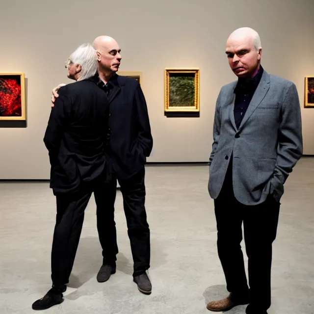 Prompt: david byrne and brian eno are looking for ideas in an art museum