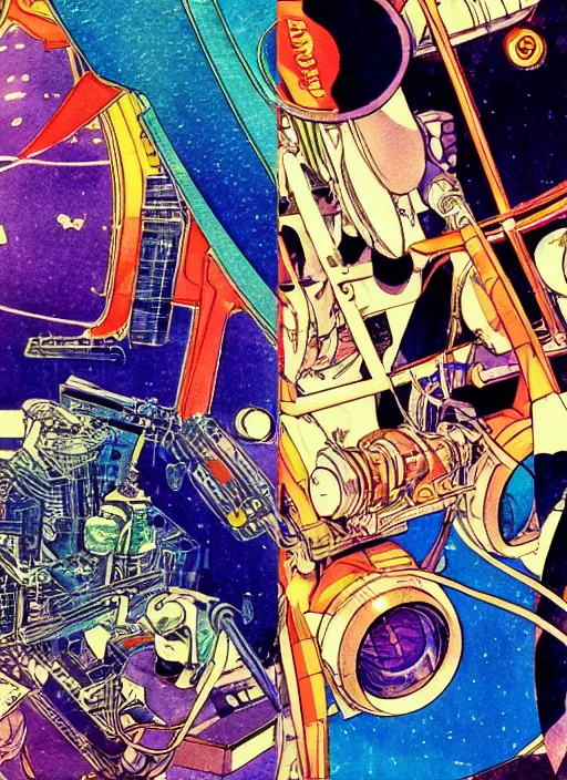 Prompt: vintage anime 70s comic watercolor, retro futurism motherboard design extreme close-up by Jean Giraud, 70s illustration by Mike Hinge, by Syd Mead