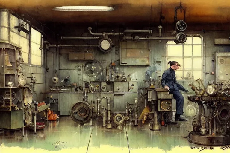 Image similar to ( ( ( ( ( 1 9 5 0 s retro science fiction mechanics shop interior scene. muted colors. ) ) ) ) ) by jean - baptiste monge!!!!!!!!!!!!!!!!!!!!!!!!!!!!!!