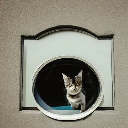 Image similar to photo of a cat watching martian landscape inside a futuristic window