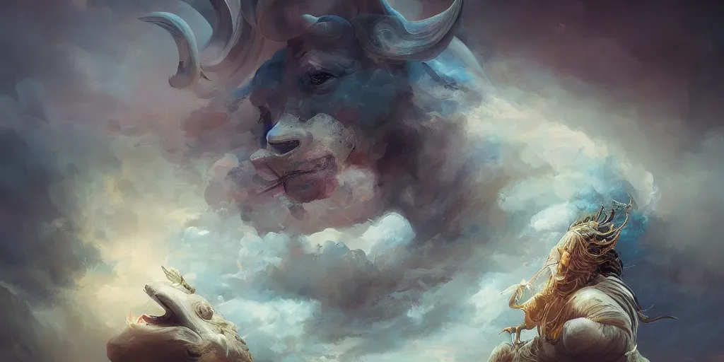 Prompt: sacred cow, ceremonial clouds, dripping paint, fibonacci rhythm, artstation, art germ, wlop, karol bak, christopher balaskas, ross tran