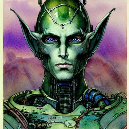 Image similar to a realistic and atmospheric watercolour fantasy character concept art portrait of a mechanized android elf as a druidic warrior wizard looking at the camera with an intelligent gaze by rebecca guay, michael kaluta, charles vess and jean moebius giraud