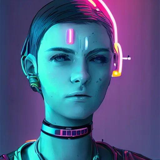 Image similar to female character cyberpunk wearing technological collar around neck, realistic, art, beautiful, 4K, collar, choker, collar around neck, punk, artstation, detailed, female, woman, choker, neon,