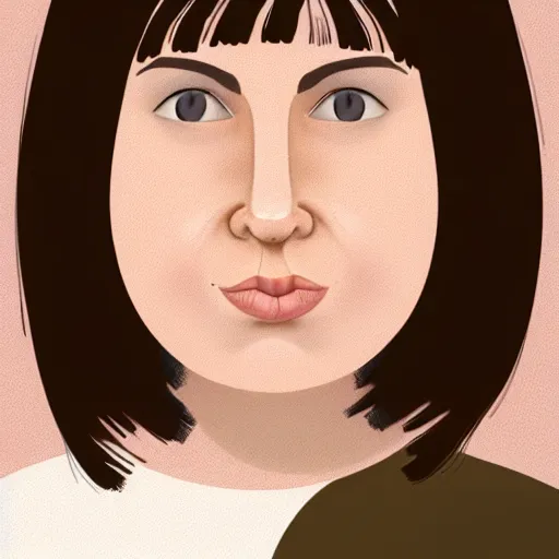 Image similar to chubby 30 year old brunette woman with straight hair in a short bob, round face, romanian heritage, brown eyes, olive skin, bulbous nose, big chin, wide face, no bangs, digital art, painterly, cartoon, cute, 8k, illustration, trending on artstation, medium shot, head and shoulders