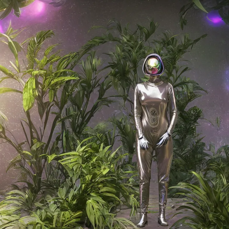 Image similar to octane render portrait by wayne barlow and carlo crivelli and glenn fabry, subject a cyborg woman covered in tie - dye skintight aluminum foil space suit with a iridescent metallic space helmet, surrounded by alien plants, cinema 4 d, ray traced lighting, very short depth of field, bokeh