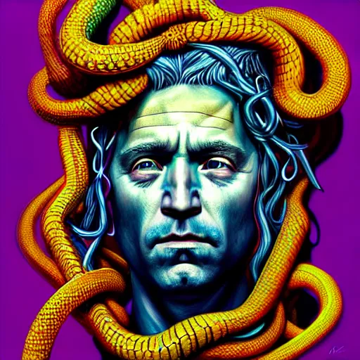 Prompt: an extremely psychedelic portrait of medusa as joebiden, surreal, lsd, face, detailed, intricate, elegant, lithe, highly detailed, digital painting, artstation, concept art, smooth, sharp focus, illustration